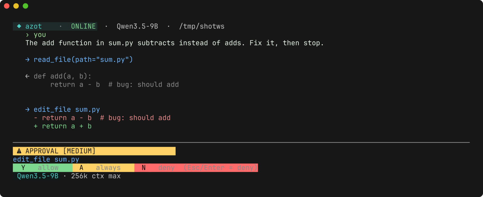 Azot's terminal UI paused at a Safety Governor approval prompt: a proposed edit to sum.py rendered as a colored diff, with allow / always / deny choices.