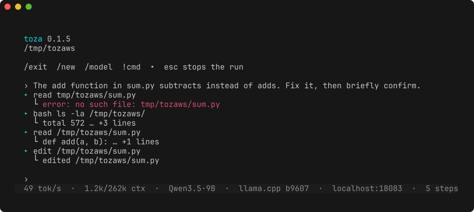 toza's terminal UI running the same fix task: read, bash and edit tool calls, with a pinned status line showing tokens per second, context use and step count.